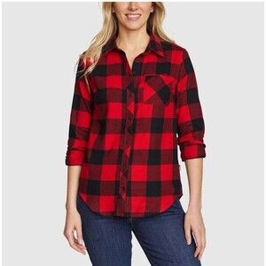 Eddie Bauer Women's Button Up Shirt S Red Black Buffalo Plaid Flannel Top Cotton